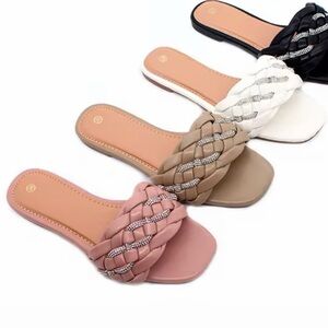 4pcs Elegant Women's Braided Slide Sandals - Pink, Tan, White, Black